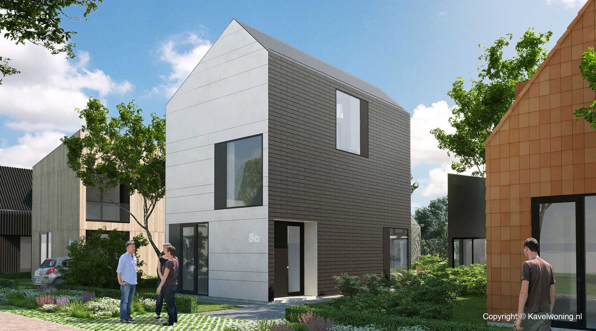 moderne vrijstaande cataloguswoning / zelfbouw woning - Datcha House met gevel van wit plaatmateriaal en dakterras